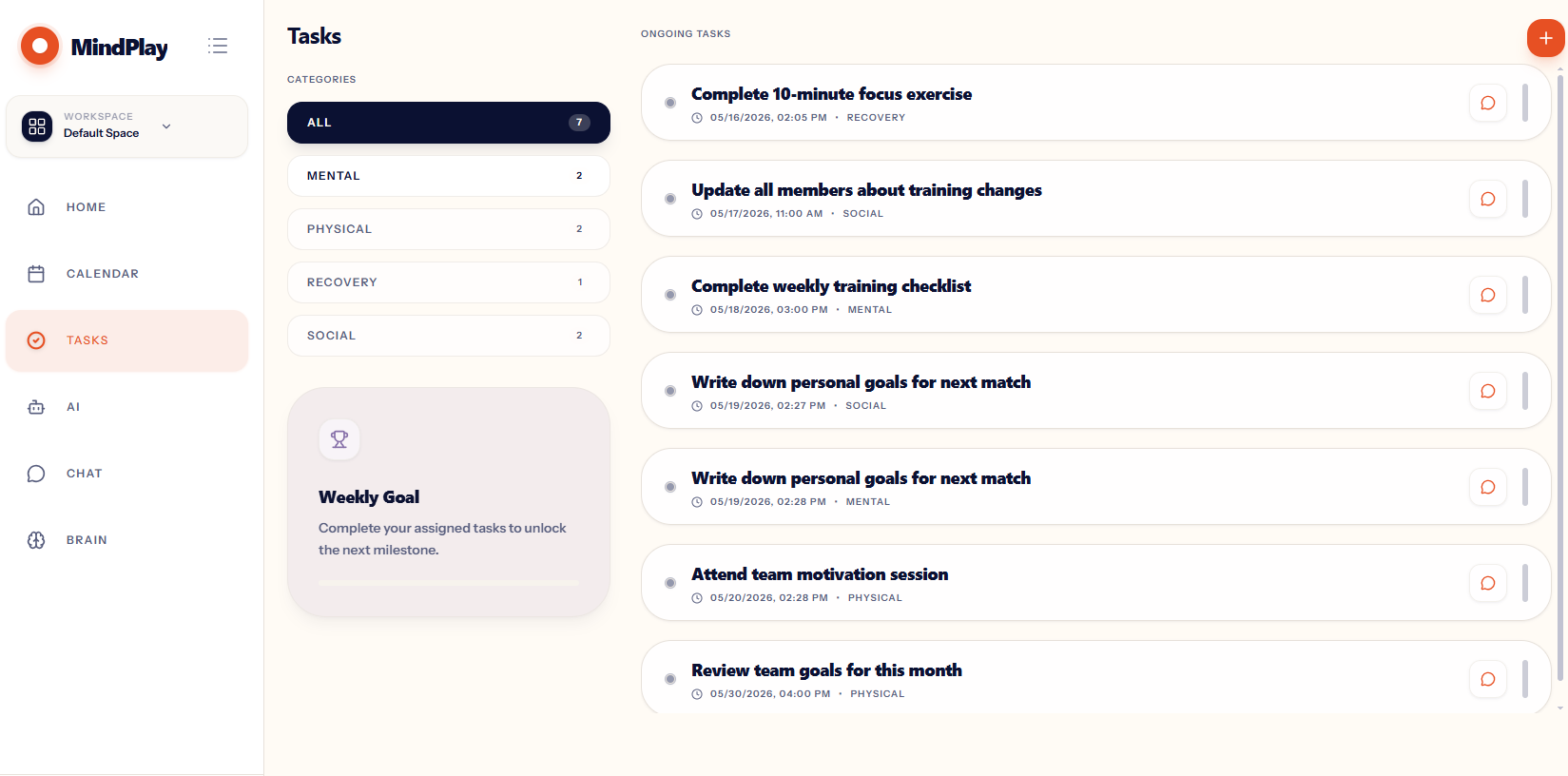 MindPlaySport tasks screenshot